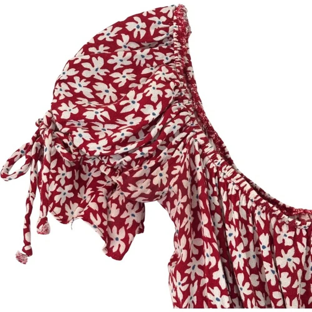 Reformation Red Floral Smocked Peplum Top